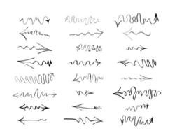 Set of various doodle arrows. Hand drawn swirling, thin, long, wavy, sketchy, twisting, curvy arrows. Isolated on white background vector