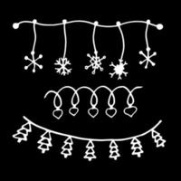 Ilustración de estilo de doodle de Navidad de invierno de vector simple. ilustración dibujada a mano en el estilo de arte lineal en blanco sobre un fondo negro. creación de diseño para año nuevo, invierno, navidad