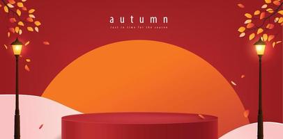 Autumn banner background with product display cylindrical shape decorate autumn trees landscape vector