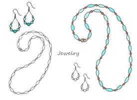 ewelry of turquoise stone beads and earrings. Hand-drawn. Black and white coloring and color vector