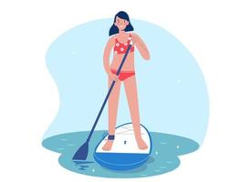 Standing woman is paddling with paddle board on the water. Woman in water on sup board vector
