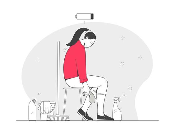 Housewife is tired of household chores. An exhausted woman with a mop is sitting on a stool, she has no strength and energy