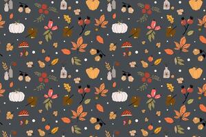 Seamless pattern with acorns and autumn oak leaves in Orange, Beige, Brown and Yellow. Perfect for wallpaper, gift paper, pattern fills, web page background, autumn greeting cards. vector