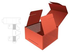 Flip box with stenciled pattern die cut template and 3D mockup vector