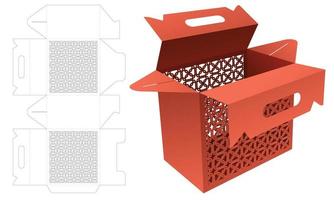 Handle box with stenciled luxury pattern die cut template and 3D mockup vector