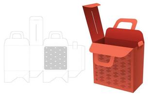 handle bag box with stenciled pattern die cut template and 3D mockup vector