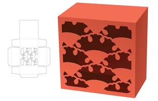 Square box with stenciled Japanese pattern die cut template and 3D mockup vector