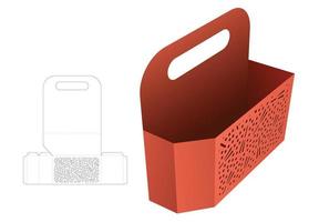 handle chamfered container with stenciled pattern die cut template and 3D mockup vector