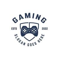 Game gaming esport logo design, joystick controller keypad and shield vector icon symbol