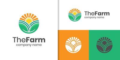 agriculture farmer garden nature with sun and leaf logo design vector template