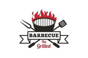 Vintage Retro Rustic BBQ Grilled logo, hot food party Barbecue, Barbeque badge Stamp Logo design, Grill and Bar with fire vector
