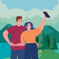 pareja tomándose un selfie en el paisaje vector