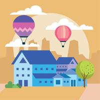 blue houses and balloons air hot vector