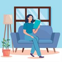 woman reading book in sofa vector