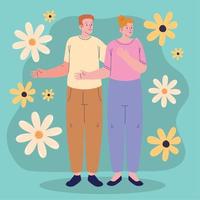 friends couple with flowers garden vector