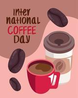 international coffee day lettering with grains vector
