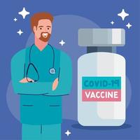 frasco de vacuna y médico vector
