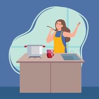 mujer cocinando con cocina de madera vector