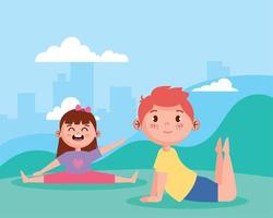 pareja de niños practicando yoga vector