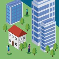 buildings and people isometric vector