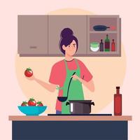 mujer cocinando con tomates rojos vector