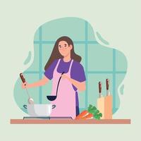 mujer cocinando con delantal rosa vector