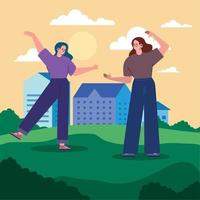 girls couple friends with buildings vector