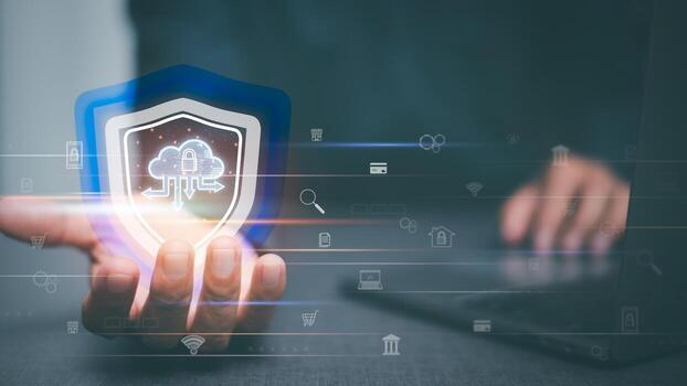 Businessman logging into cyberspace through secure online technology and protection and authentication, password privacy authentication and authentication, access to cybersecurity information. photo