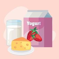 yogurt box and cheese with milk vector