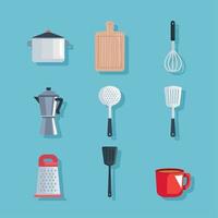 nine kitchen utensils icons vector