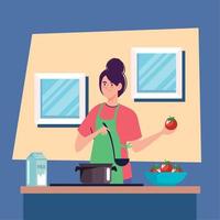 mujer cocinando con tomates vector