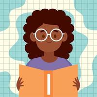 chica afro leyendo libro amarillo vector