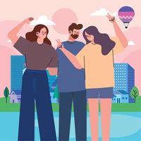 three young friends on the city vector