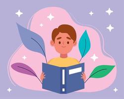 boy reading book with leafs vector