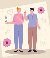 pareja de amigos con flores rosas vector