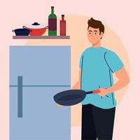 man with fridge and pan vector
