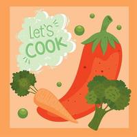 lets cook lettering with healthy food vector