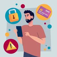 man using smartphone with cyber security vector
