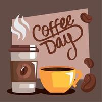 coffee day lettering with yellow cup vector