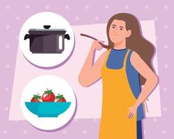 mujer cocinando con tomates frescos vector