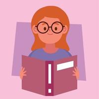 chica con gafas leyendo un libro vector