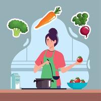 mujer cocinando comida vegetariana vector