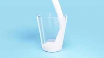 Animación 3d, vierta la leche o el yogur en un vaso transparente aislado sobre fondo azul. ilustración de procesamiento 3d video