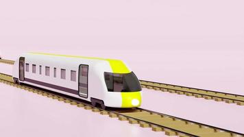 Dibujos animados de tren bala de animación 3d con vías de tren, juguete de transporte de tren aéreo, servicio de viajes de verano, planificación de tren de turismo de viajero aislado en fondo rosa. Ilustración de renderizado 3d, alfa