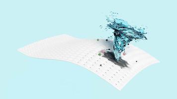 visa tvättning med en bubbelpool, virvel, vatten roterande på de tyg fiber yta, 3d reklam illustration rena med tvättning pulver, flytande rengöringsmedel, isolerat på blå, 3d animation, alfa video