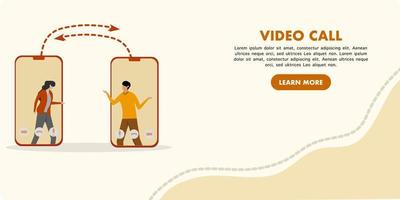 Couple on video call. Multimedia smartphone communication technology landing page website flat vector template illustration