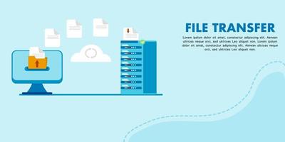 concepto de transferencia de archivos o datos, copia de seguridad de datos, almacenamiento de documentos, nube de tecnología, concepto de carga de archivos. vector