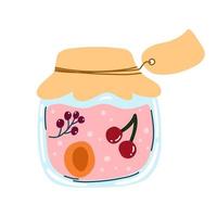 Home made cherry, apricot, currant jam, canned fruit in cartoon hand drawn flat style. Vector illustration of glass jar with preserved food, compote, marmalade. Autumn harvest season, stewed berries