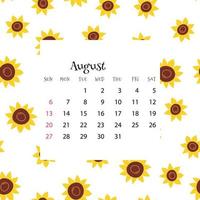 2023 Calendar for August. Vector illustration of month calendar on seamless pattern with sunflowers in cartoon flat style. Colorful backgroud with month grid.