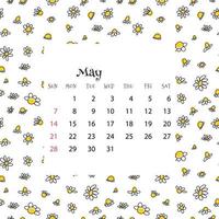 2023 Calendar for May. Vector illustration of month calendar on seamless pattern with doodle daisies in cartoon flat style. Colorful backgroud with month grid.